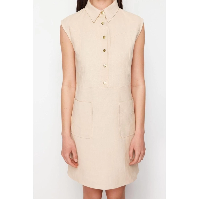 New Comfortable Casual Daily Linen Look Woven Shirt Collar Sleeveless Sleeve Shift Mini Length Dress
