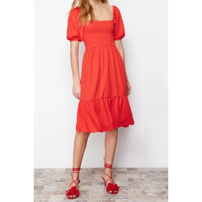 New Regular Casual Daily Crepe Knit Square Neck Short Sleeve Frilled Skirt Midi Length Dress