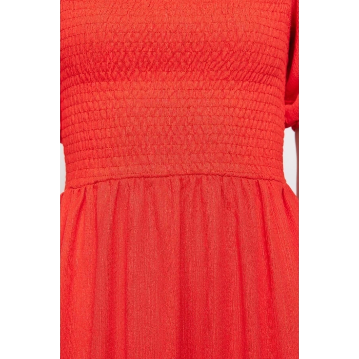 New Regular Casual Daily Crepe Knit Square Neck Short Sleeve Frilled Skirt Midi Length Dress