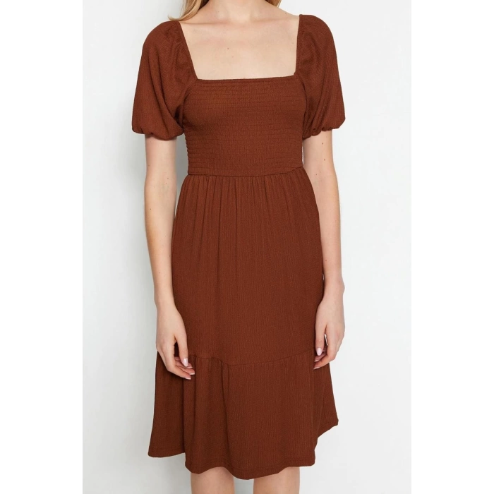 New Regular Casual Daily Crepe Knit Square Neck Short Sleeve Frilled Skirt Midi Length Dress