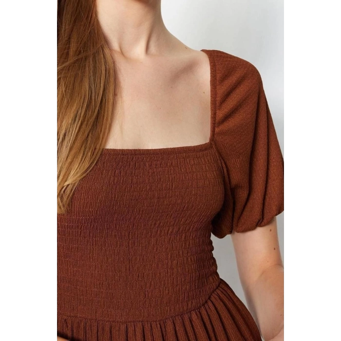 New Regular Casual Daily Crepe Knit Square Neck Short Sleeve Frilled Skirt Midi Length Dress