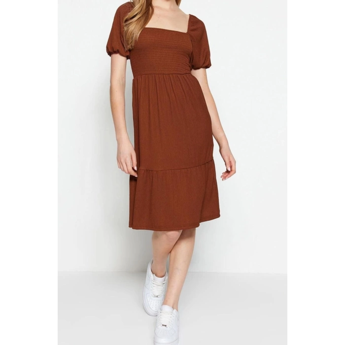 New Regular Casual Daily Crepe Knit Square Neck Short Sleeve Frilled Skirt Midi Length Dress