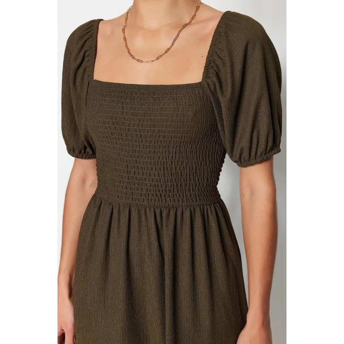 New Regular Casual Daily Crepe Knit Square Neck Short Sleeve Frilled Skirt Midi Length Dress