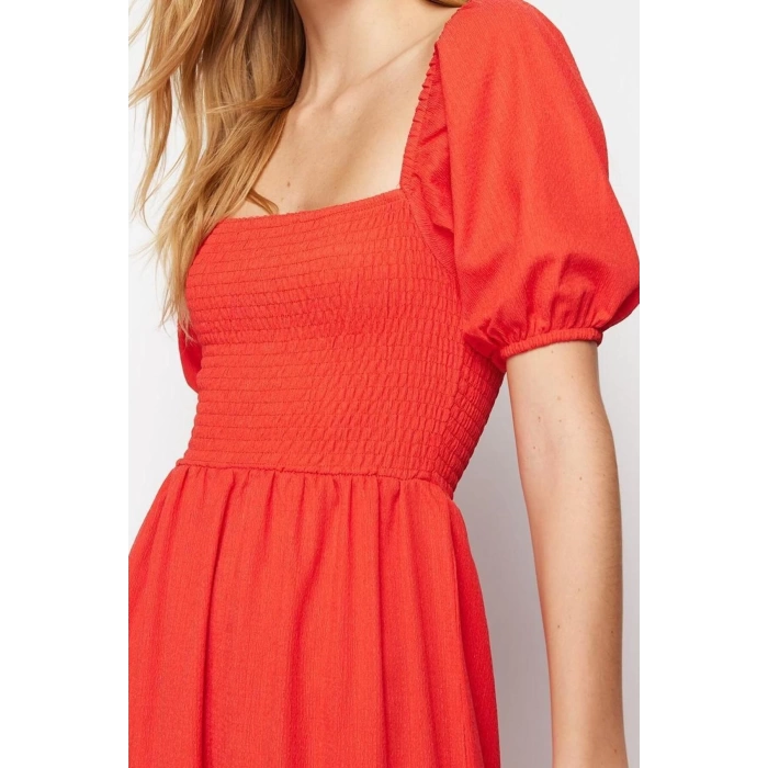 New Regular Casual Daily Crepe Knit Square Neck Short Sleeve Frilled Skirt Midi Length Dress