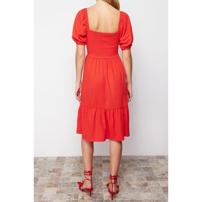 New Regular Casual Daily Crepe Knit Square Neck Short Sleeve Frilled Skirt Midi Length Dress