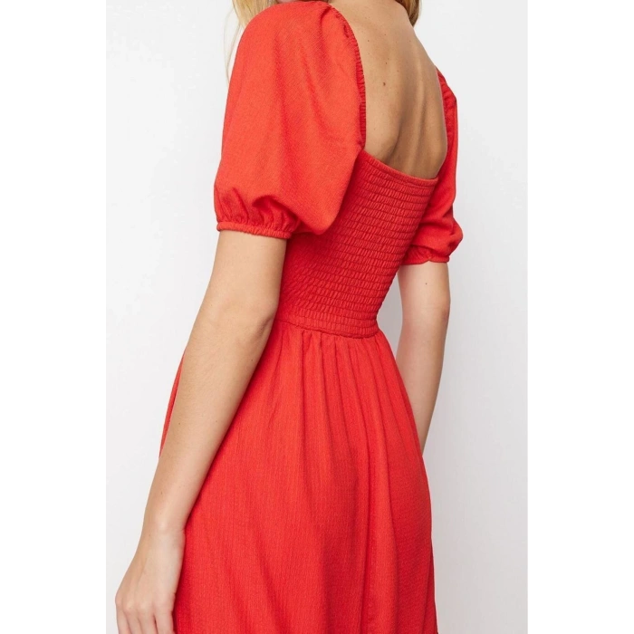New Regular Casual Daily Crepe Knit Square Neck Short Sleeve Frilled Skirt Midi Length Dress