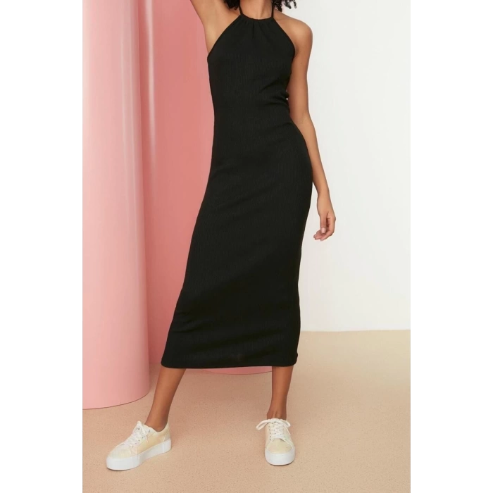 New Slim Casual Daily Camisole Knitted Halter Neck Sleeveless Bodycone Midi Length Dress