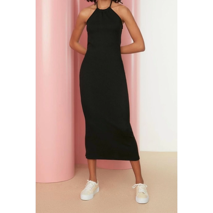 New Slim Casual Daily Camisole Knitted Halter Neck Sleeveless Bodycone Midi Length Dress