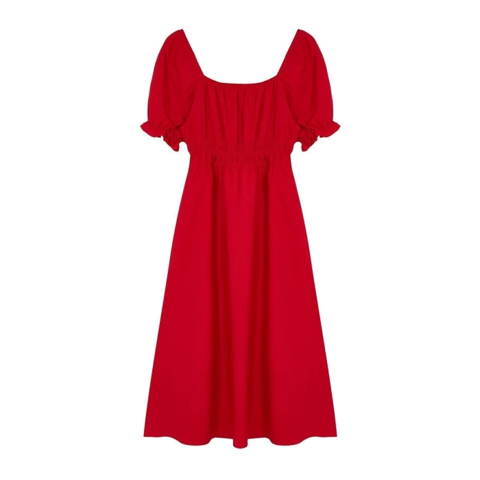 New Regular Casual Daily Poplin Woven Square Neck Short Sleeve Skater Midi Length Dress