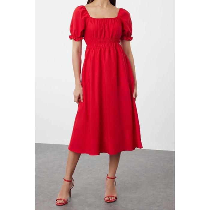 New Regular Casual Daily Poplin Woven Square Neck Short Sleeve Skater Midi Length Dress