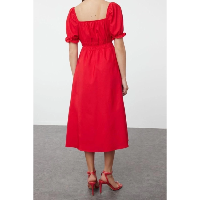 New Regular Casual Daily Poplin Woven Square Neck Short Sleeve Skater Midi Length Dress