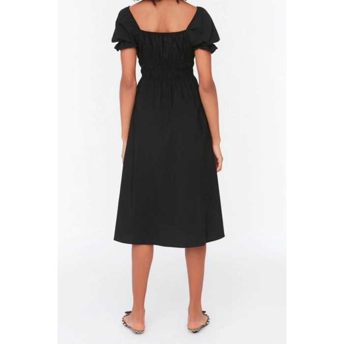 New Regular Casual Daily Poplin Woven Square Neck Short Sleeve Skater Midi Length Dress