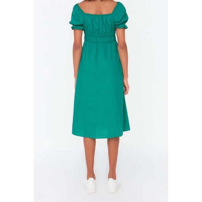 New Regular Casual Daily Poplin Woven Square Neck Short Sleeve Skater Midi Length Dress