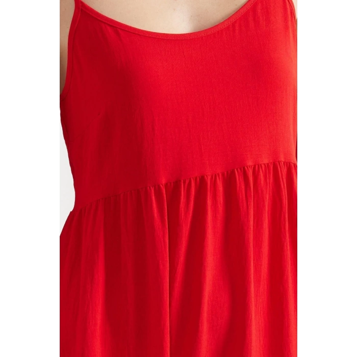 New Comfortable Casual Daily Aerobin Woven U Neck Strappy Sleeve Skater Midi Length Dress