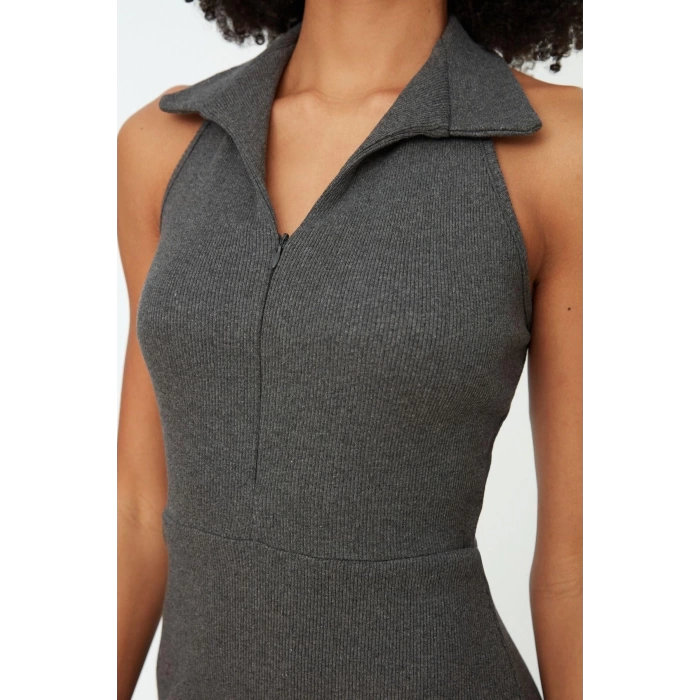 New Pencil Casual Daily Ribbed Knitted Polo Collar Sleeveless Sleeve Bodycone Mini Length Dress