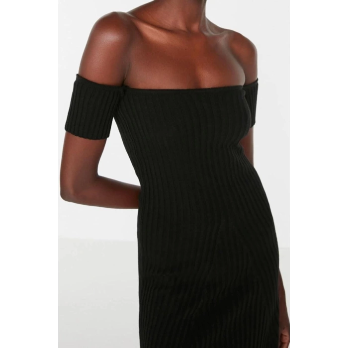 New Slim Day Night Single Plate Knitwear Carmen Collar Sleeveless Sleeve A-Line Midi Length Dress