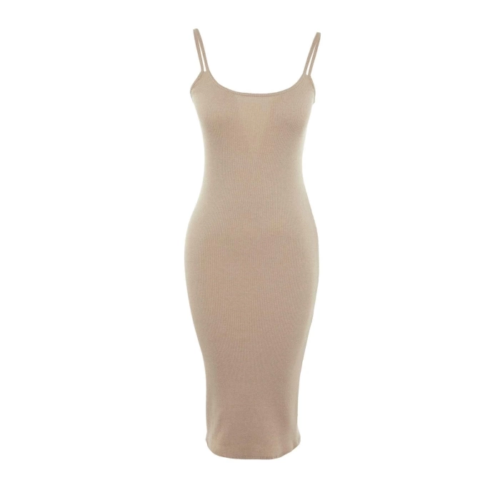 New Slim Casual Daily Camisole Knitted Square Neck Strappy Sleeve Bodycone Midi Length Dress