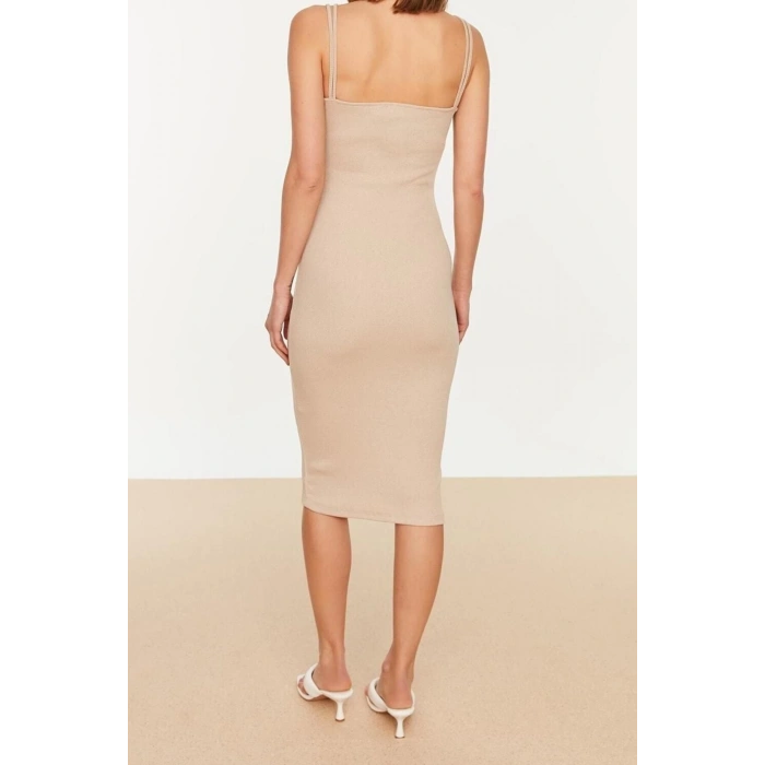 New Slim Casual Daily Camisole Knitted Square Neck Strappy Sleeve Bodycone Midi Length Dress