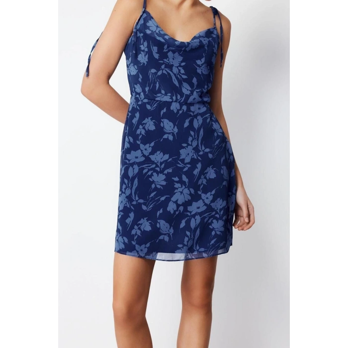 New Regular Day Night Chiffon Woven Cowl Neck Strap Sleeve A-Line Mini Length Dress