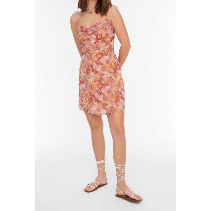 New Regular Day Night Chiffon Woven Cowl Neck Strap Sleeve A-Line Mini Length Dress