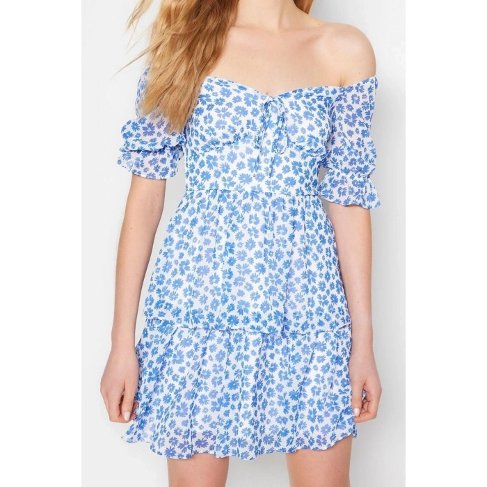New Comfortable Casual Daily Chiffon Woven Carmen Collar Short Sleeve Skater Mini Length Dress