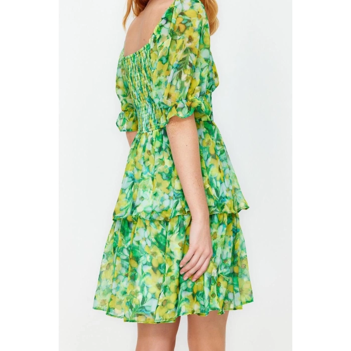 New Comfortable Casual Daily Chiffon Woven Carmen Collar Short Sleeve Skater Mini Length Dress