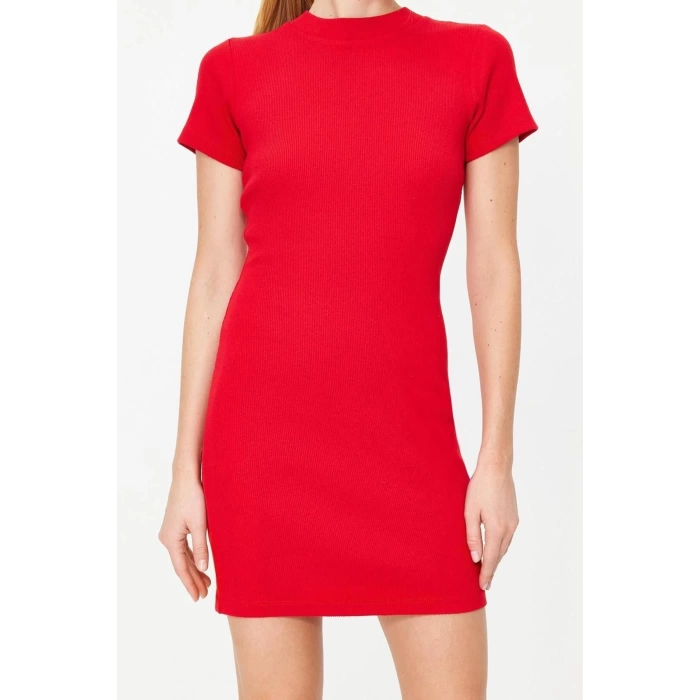 New Slim Casual Daily Regenerated Camisole Knitted Crew Neck Short Sleeve Bodycone Mini Length Dress