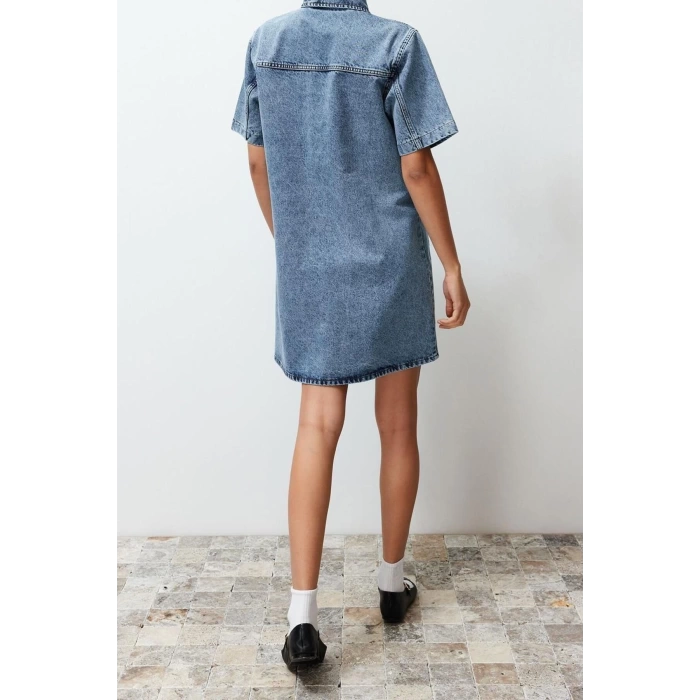 New Regular Casual Daily Rigid Denim Square Collar Short Sleeve Shirt Dress Mini Length Dress