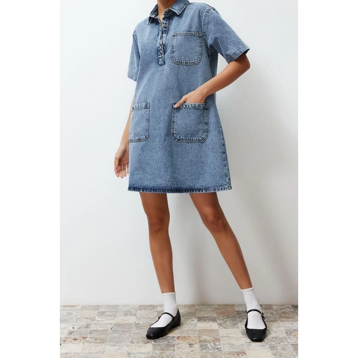 New Regular Casual Daily Rigid Denim Square Collar Short Sleeve Shirt Dress Mini Length Dress