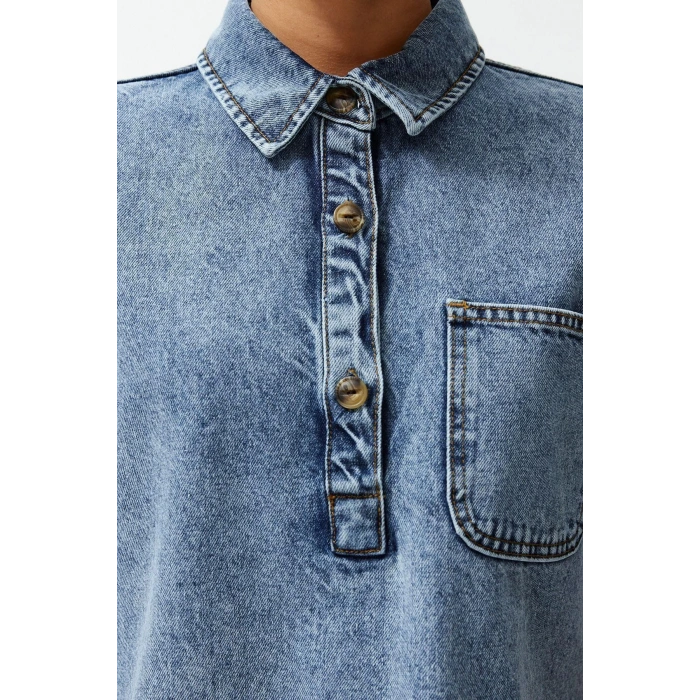 New Regular Casual Daily Rigid Denim Square Collar Short Sleeve Shirt Dress Mini Length Dress