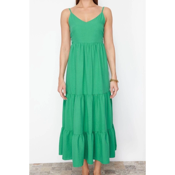 New Regular Casual Daily Lilyum Woven V Neck Strappy Sleeve Skater Midi Length Dress