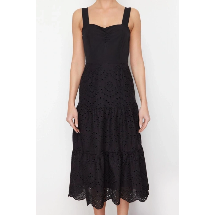 New Regular Casual Daily Embroidered Woven Heart Neck Strappy Sleeve Skater Midi Length Dress