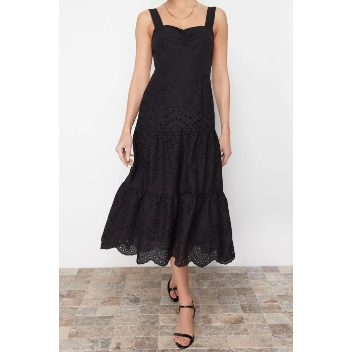 New Regular Casual Daily Embroidered Woven Heart Neck Strappy Sleeve Skater Midi Length Dress