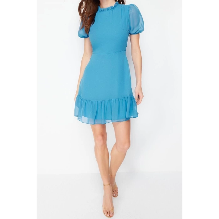 New Regular Business Chiffon Woven Stand Collar Short Sleeve A-Line Mini Length Dress