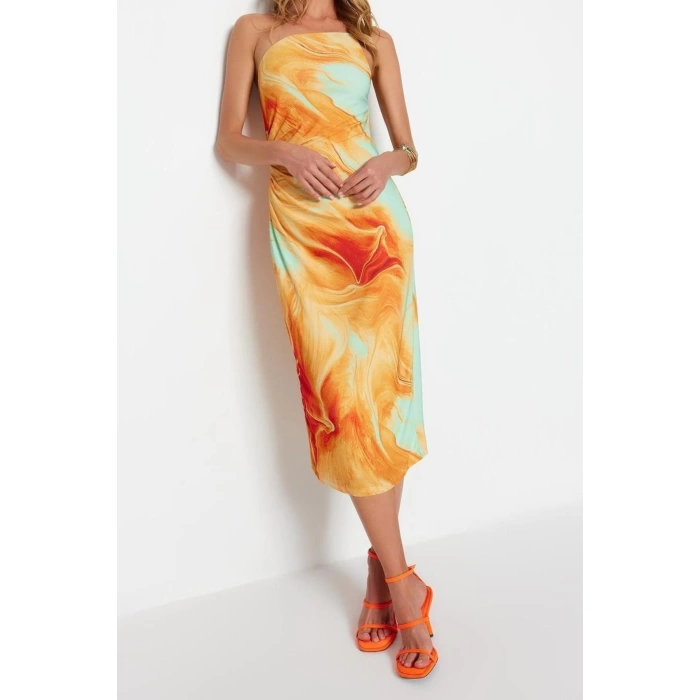 New Pencil Day Night Thick Sandy Knitted Asymmetrical Collar Strappy Sleeve Bodycone Midi Length Dress