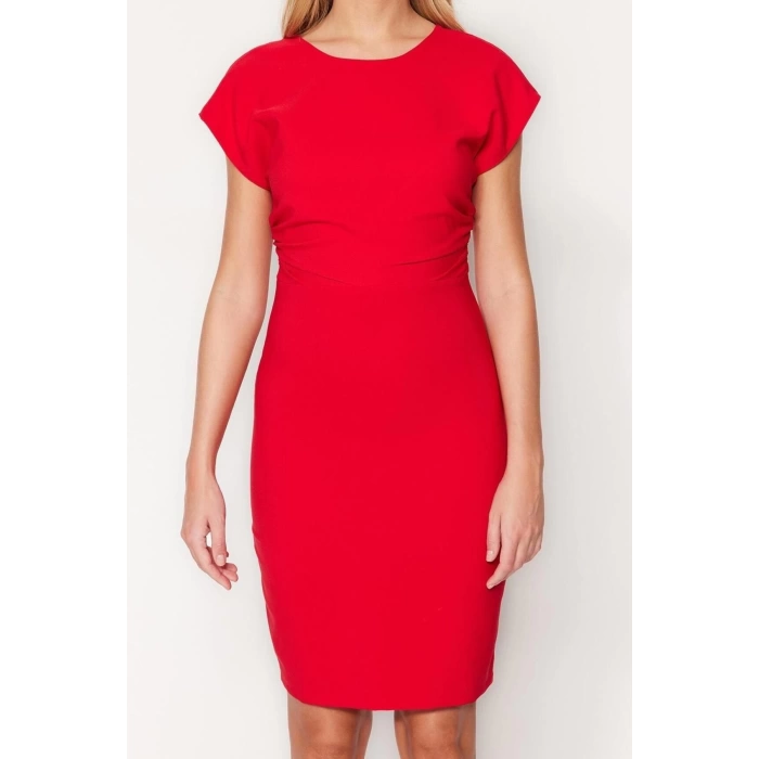New Regular Business Finike Woven Crew Neck Short Sleeve Bodycon Midi Length Dress