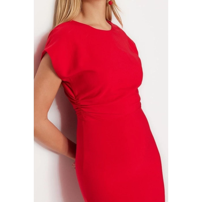 New Regular Business Finike Woven Crew Neck Short Sleeve Bodycon Midi Length Dress