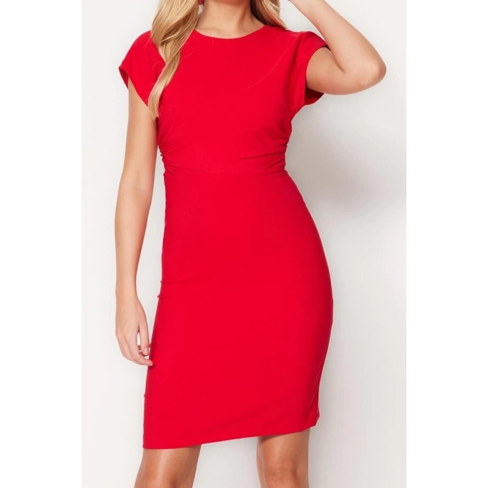 New Regular Business Finike Woven Crew Neck Short Sleeve Bodycon Midi Length Dress