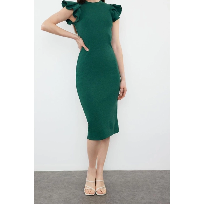 Yeni Slim Business Kaşkorse Örme Bisiklet Yaka Kısa Kol Bodycone Midi Boy Elbise