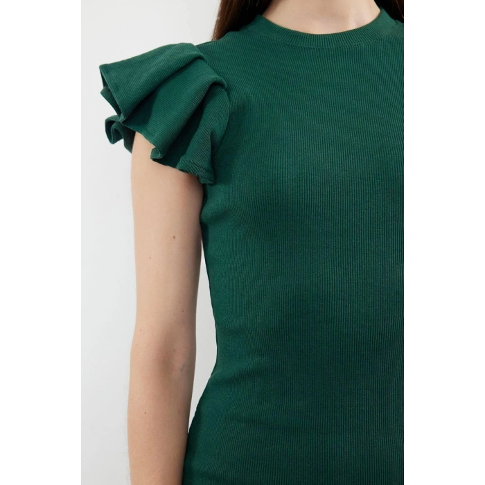 Yeni Slim Business Kaşkorse Örme Bisiklet Yaka Kısa Kol Bodycone Midi Boy Elbise