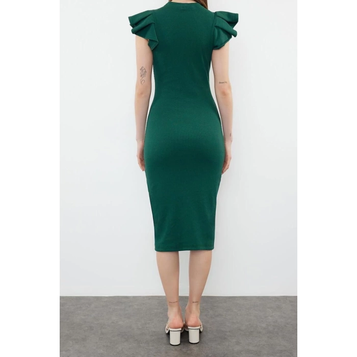 Yeni Slim Business Kaşkorse Örme Bisiklet Yaka Kısa Kol Bodycone Midi Boy Elbise