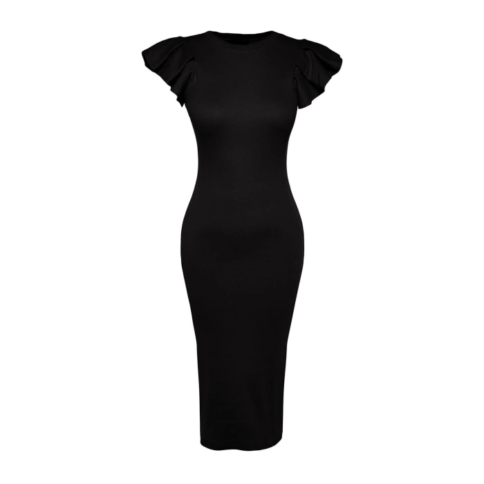 Yeni Slim Business Kaşkorse Örme Bisiklet Yaka Kısa Kol Bodycone Midi Boy Elbise
