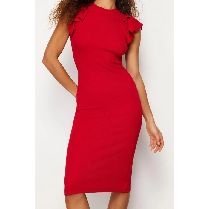 Yeni Slim Business Kaşkorse Örme Bisiklet Yaka Kısa Kol Bodycone Midi Boy Elbise
