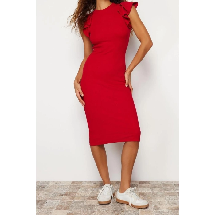 Yeni Slim Business Kaşkorse Örme Bisiklet Yaka Kısa Kol Bodycone Midi Boy Elbise