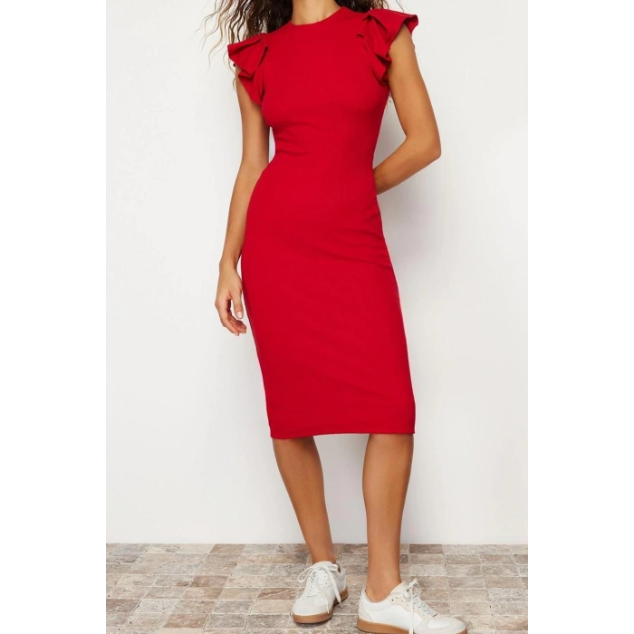 Yeni Slim Business Kaşkorse Örme Bisiklet Yaka Kısa Kol Bodycone Midi Boy Elbise