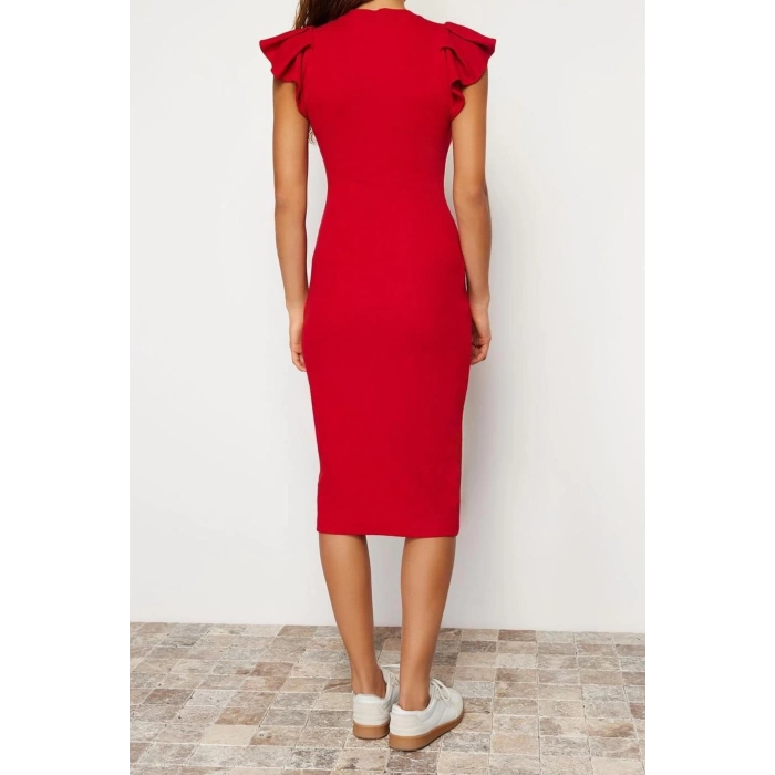 Yeni Slim Business Kaşkorse Örme Bisiklet Yaka Kısa Kol Bodycone Midi Boy Elbise