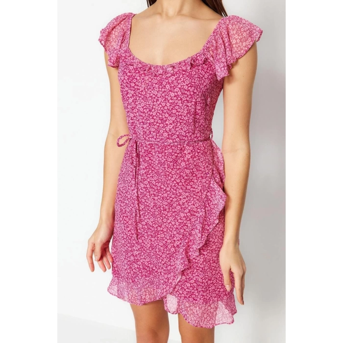 New Regular Casual Daily Chiffon Woven Square Collar Short Sleeve Double Breasted Mini Length Dress