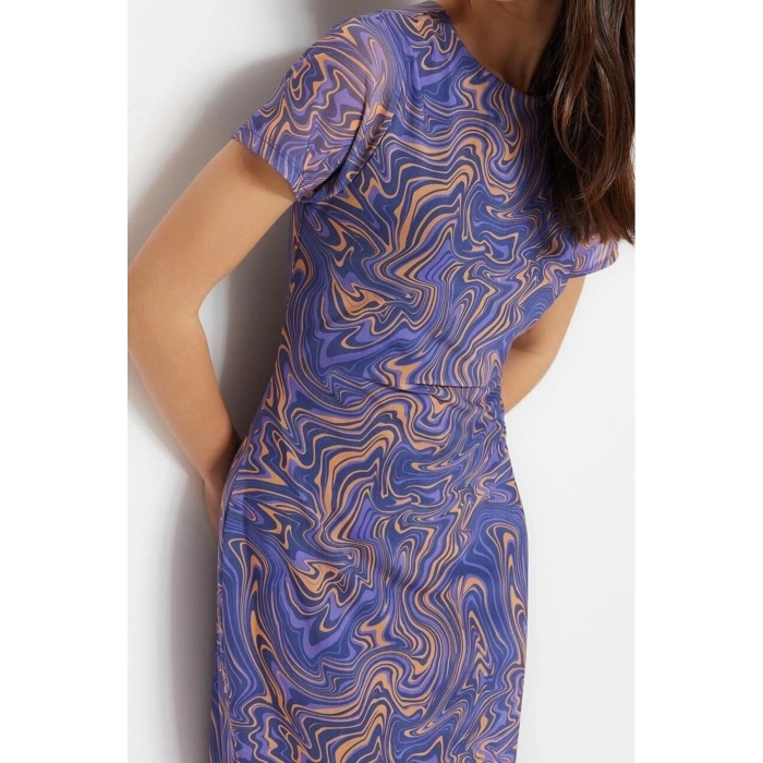 Yeni Slim Gündüz Gece Tül Örme Bisiklet Yaka Kısa Kol Bodycone Midi Boy Elbise