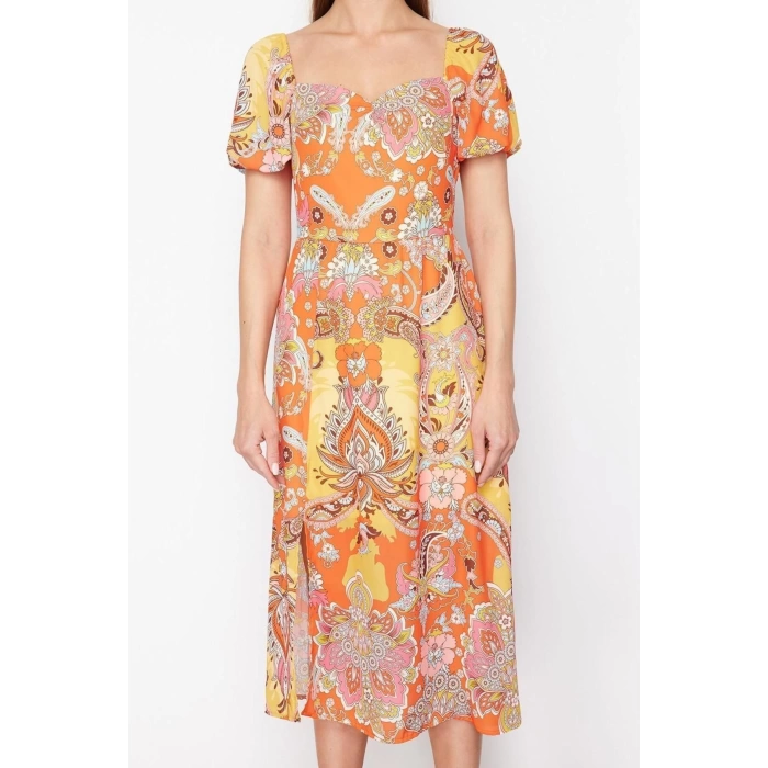 New Regular Casual Daily Moss Crepe Woven Sweetheart Neck Short Sleeve A-Line Midi Length Dress