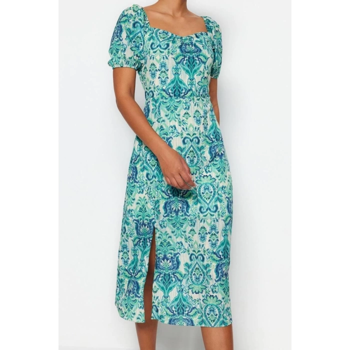 New Regular Casual Daily Moss Crepe Woven Sweetheart Neck Short Sleeve A-Line Midi Length Dress